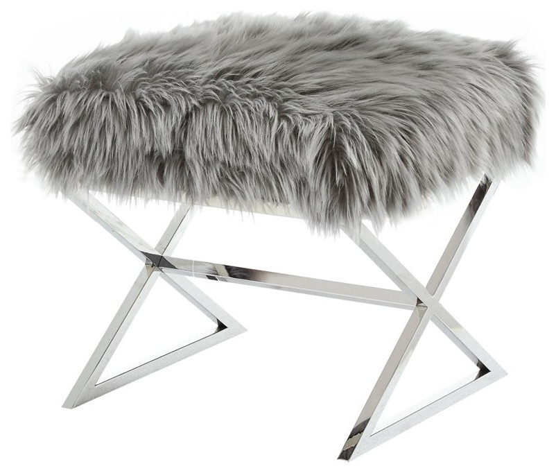 Posh Colin Faux Fur Fabric Ottoman with Stainless Steel X Legs in Rose/Chrome   Contemporary   Footstools And Ottomans   by Homesquare  Houzz