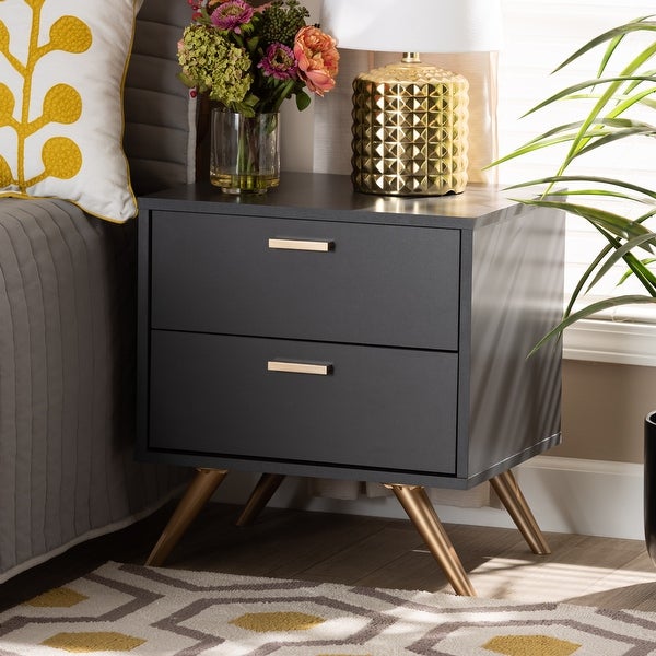 Kelson Modern Dark Grey and Gold Finished Wood 2-Drawer Nightstand - - 33914443