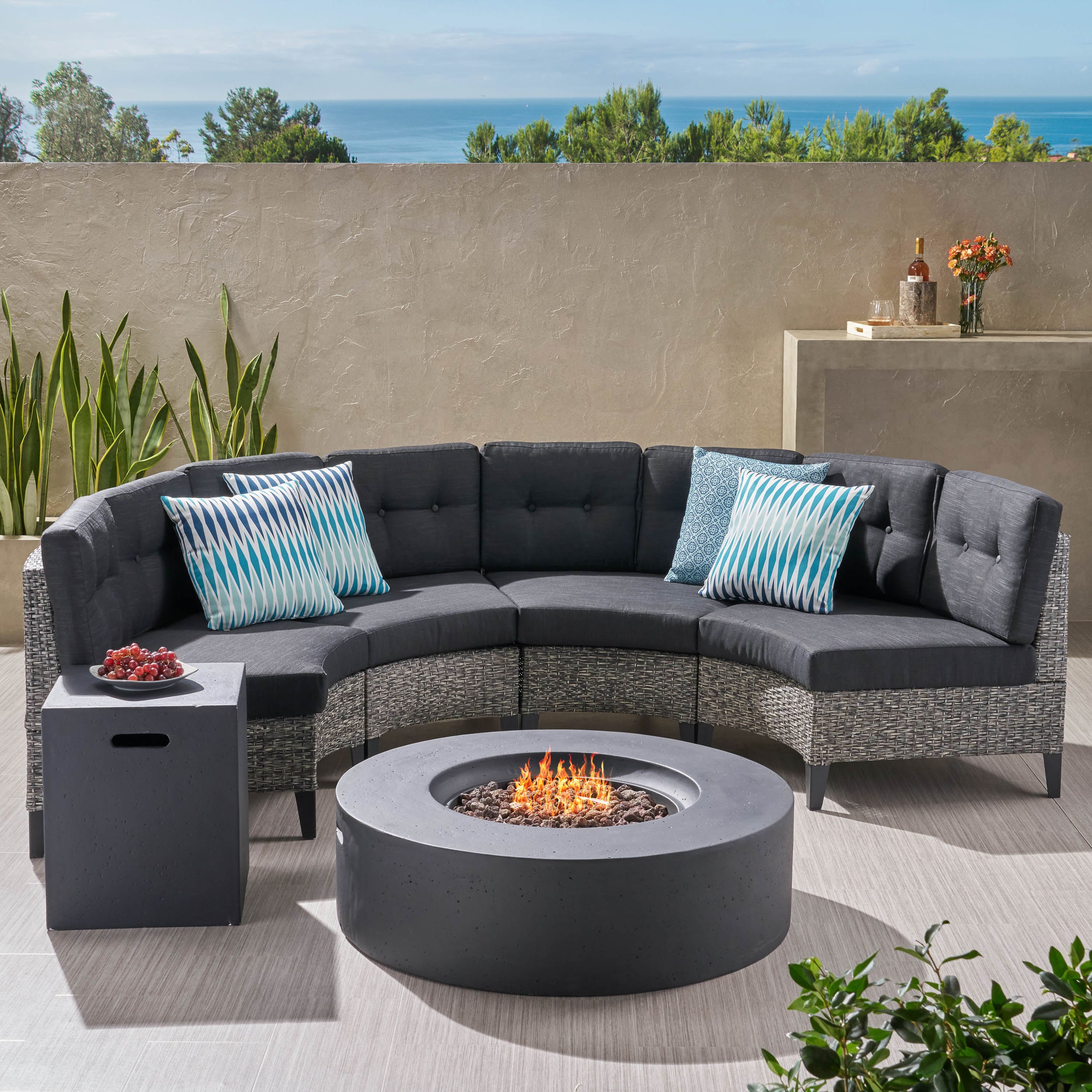 Nessett Outdoor 6 Piece Mixed Black Wicker Half Round Sofa Set with Dark Grey Fire Table