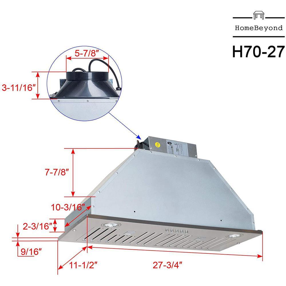 Home Beyond 28 in 600 CFM InsertBuiltin Range Hood with Baffle Filters LED Lights 3Speed Control in Stainless Steel