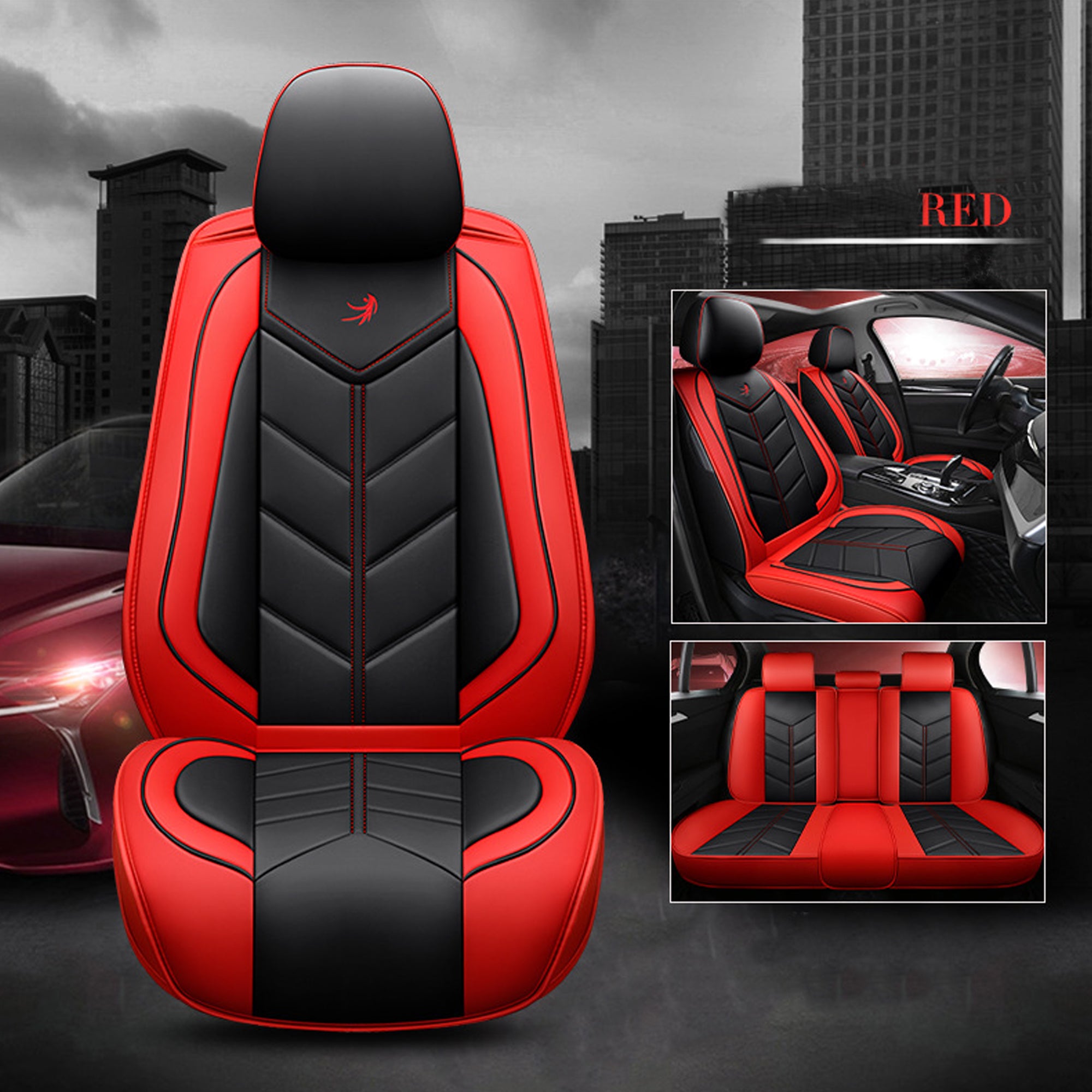 NINTE Universal Car 5-Seat Covers Protector Front Rear Red and Black PU Leather Auto Seat Covers 3Pcs