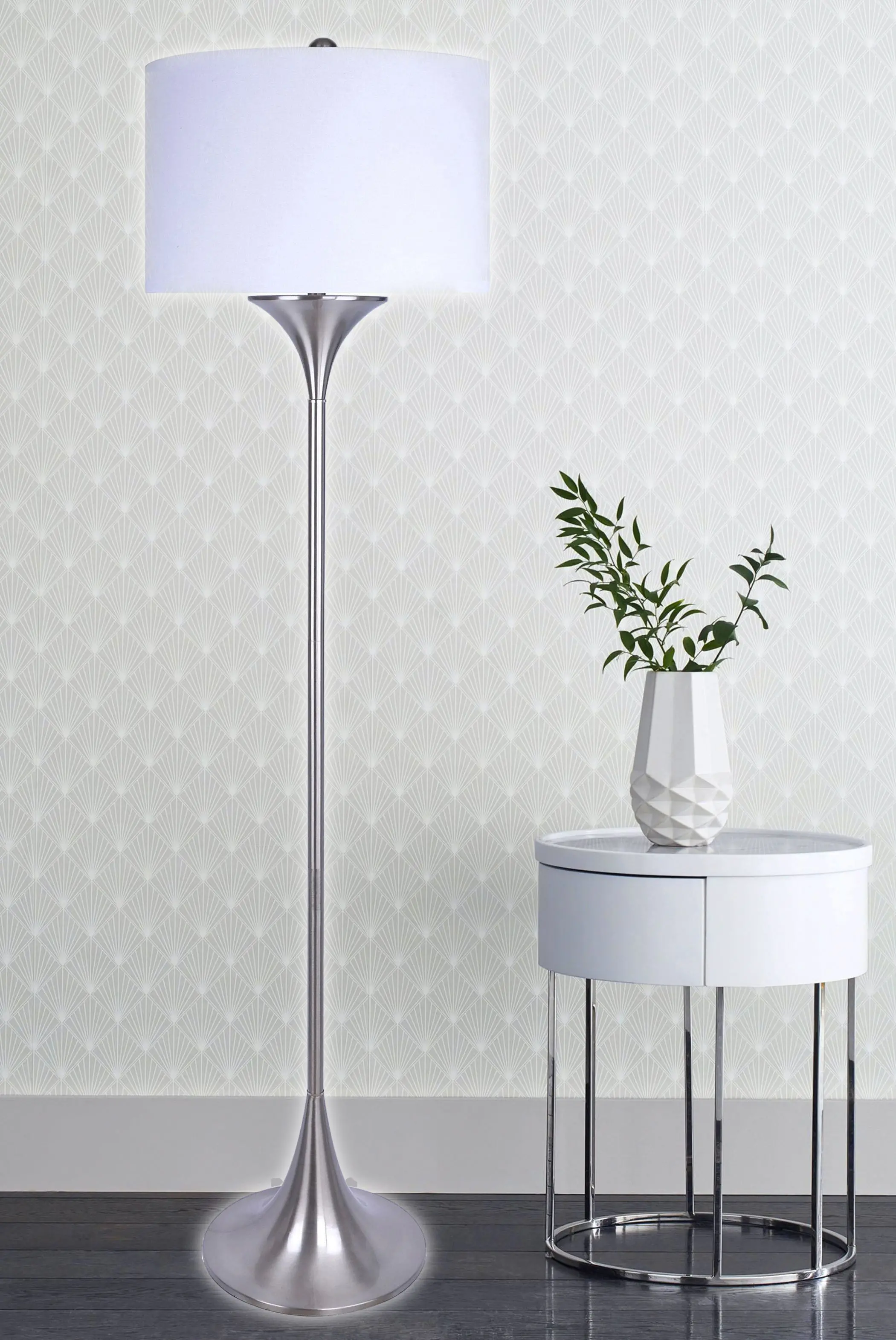 Lenuxe White and Brushed Nickel Steel Floor Lamp