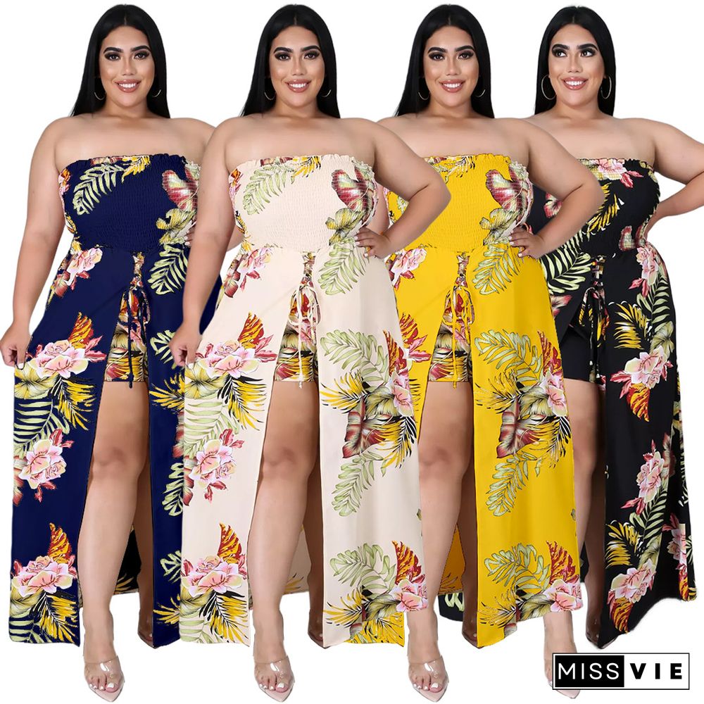 Summer Plus Size Women Clothing Floral Print Elastic Waist Beach Casual One Piece Split Jumpsuit