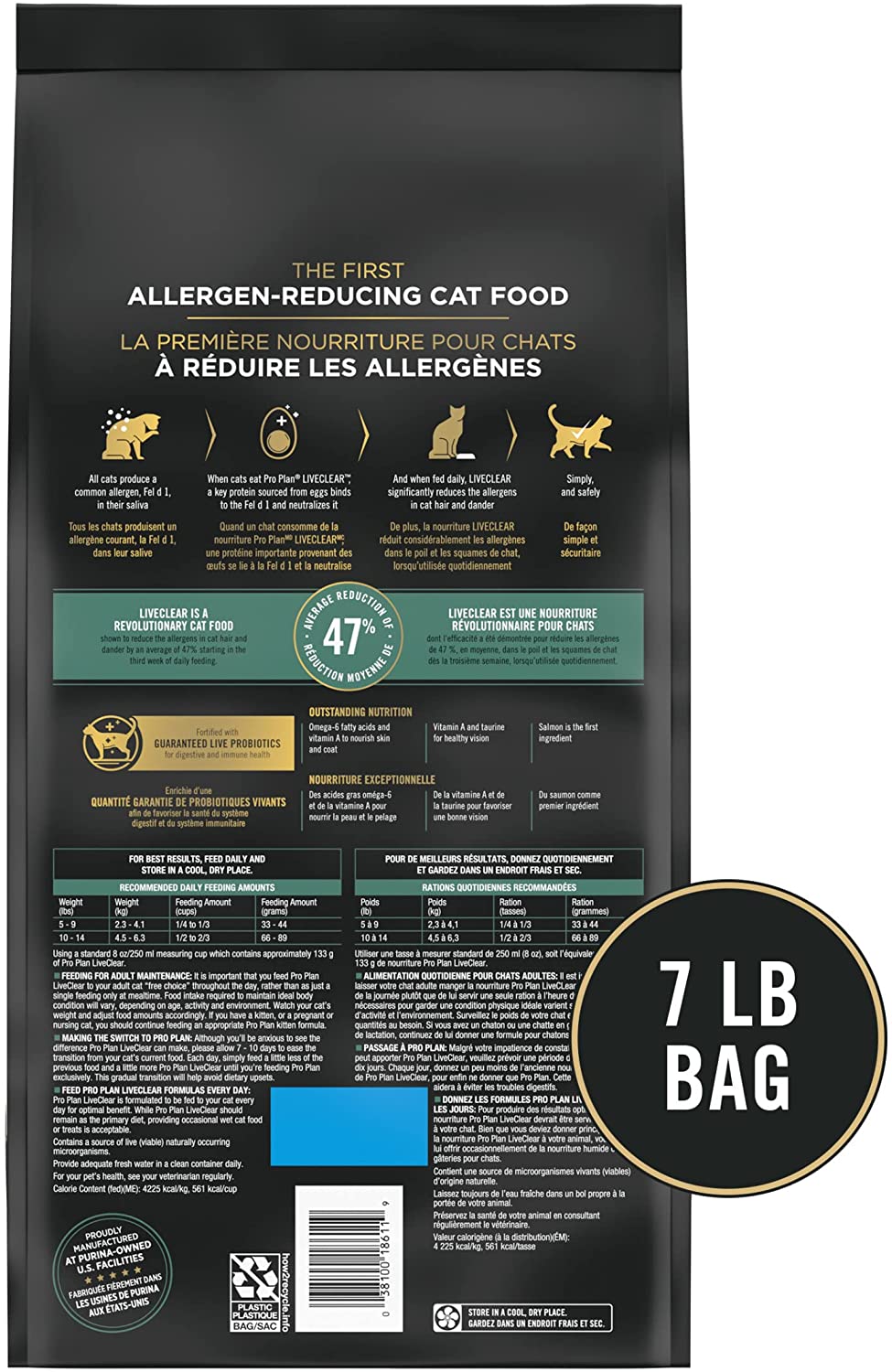 Purina Pro Plan Allergen Reducing， High Protein Dry Cat Food， LIVECLEAR Salmon and Rice Formula - 7 lb. Bag