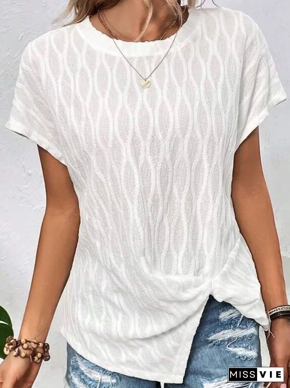 Batwing Sleeves Loose Jacquard Solid Color Split-Front Round-Neck T-Shirts Tops