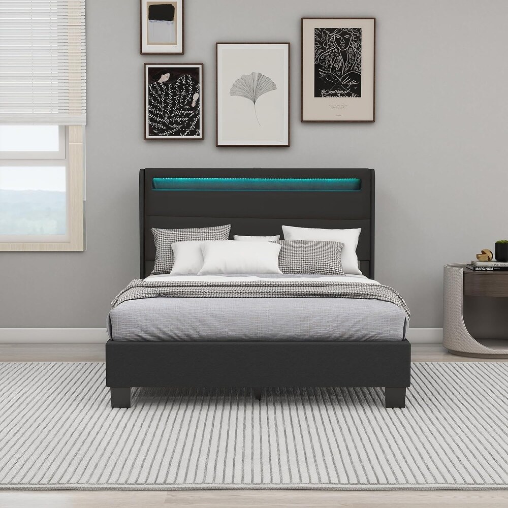 NNV Modern Industrial Bed Frame Metal Platform with Rustic Wooden Headboard