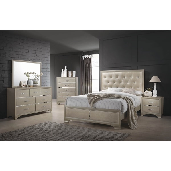 Pola Champagne 5-piece Panel Bedroom Set with 2 Nightstands - - 28254728