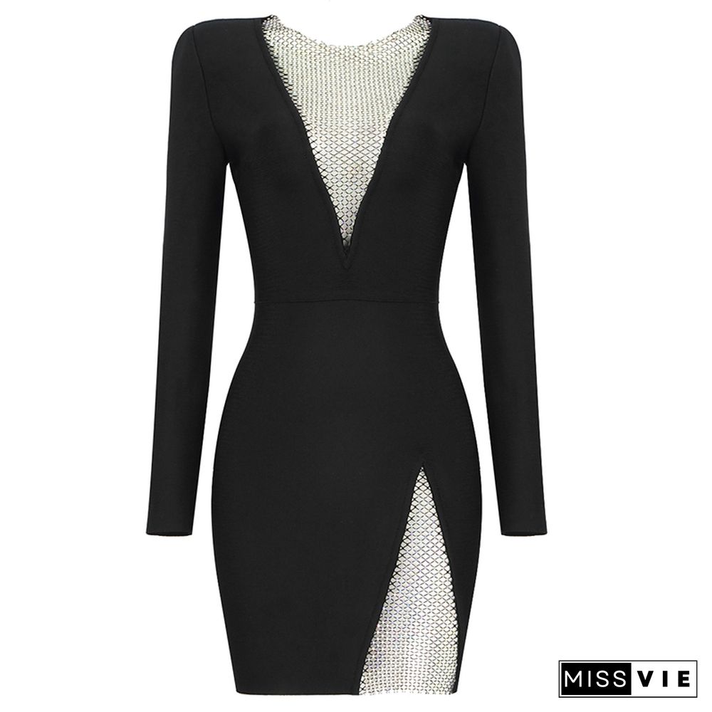 New Summer New Women's Sexy V-neck Mesh Diamond Long Sleeve Bodycon Bandage Dress Fashion Celebrity Party DressVestido