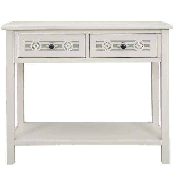 Classic Console Table with Hollow-out Decoration Two Top Drawers and Open Shelf Large Storage Space