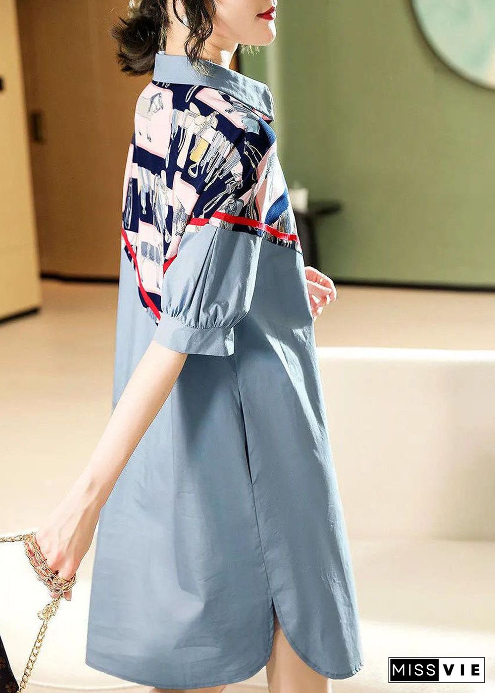 Style Blue button Peter Pan Collar print Patchwork shirt Dresses Half Sleeve