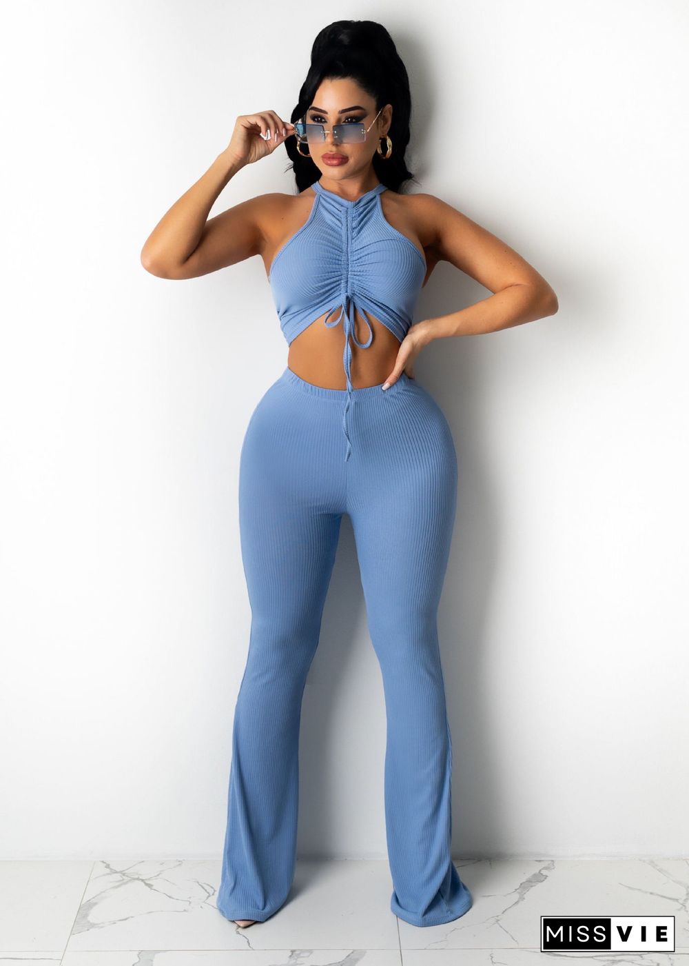 Solid Bandage Sleeveless Crop Top Flare Pants Set