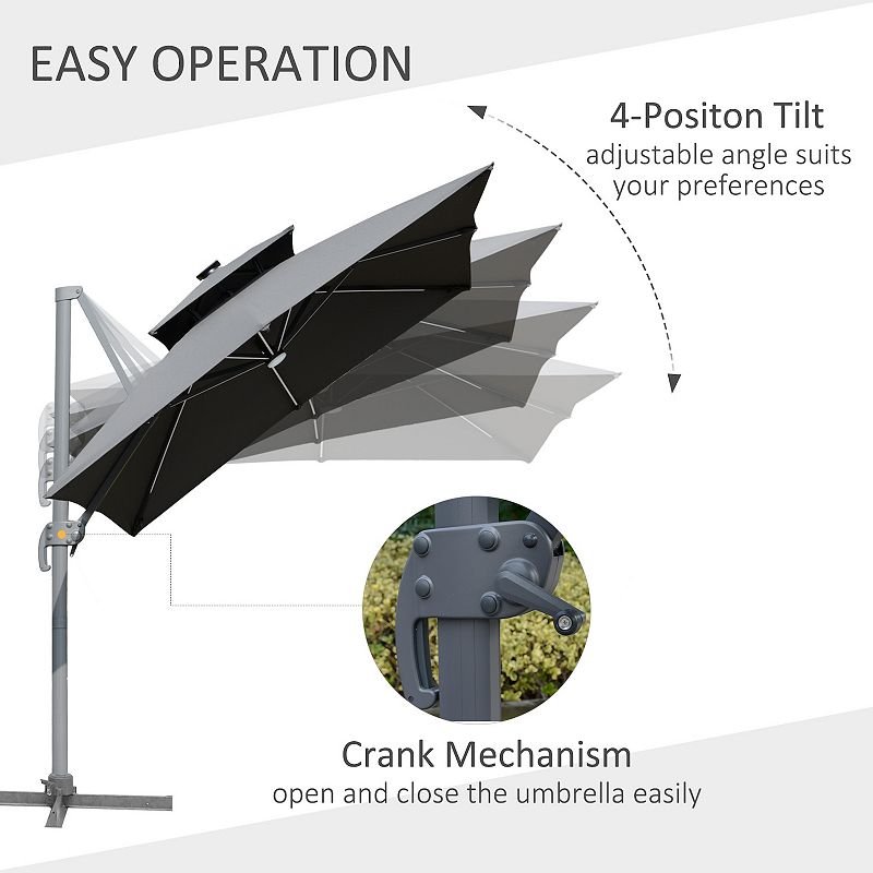 Outsunny 10ft Solar LED Cantilever Umbrella， Offset Hanging Umbrella with 360▲Rotation， Cross Base， 8 Ribs， Tilt and Crank for Yard， Garden and Poolside， Grey