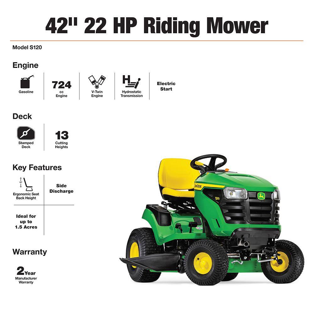 John Deere S120 42 in. 22 HP V-Twin Gas Hydrostatic Riding Lawn Tractor BG21272