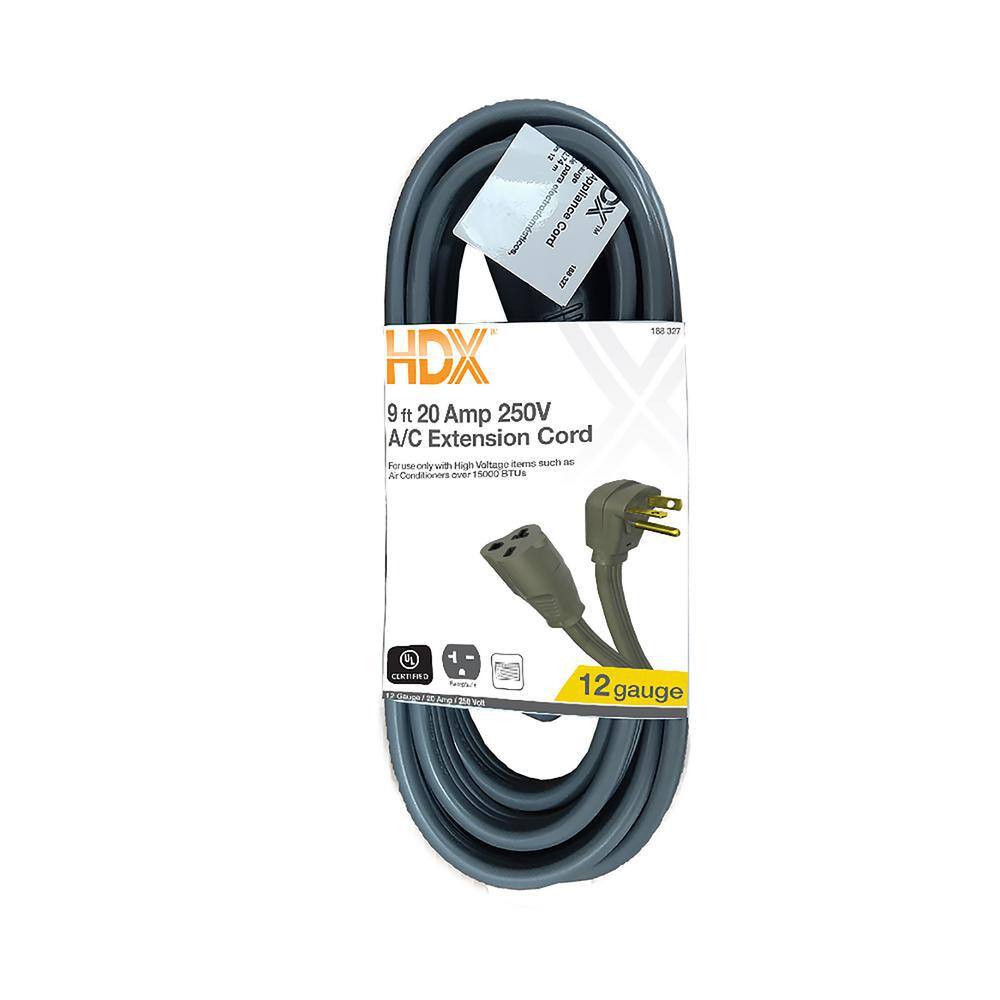 HDX 9 ft. 123 20 Amp 250-Volt Air Conditioner Extension Cord Grey HD#188-327