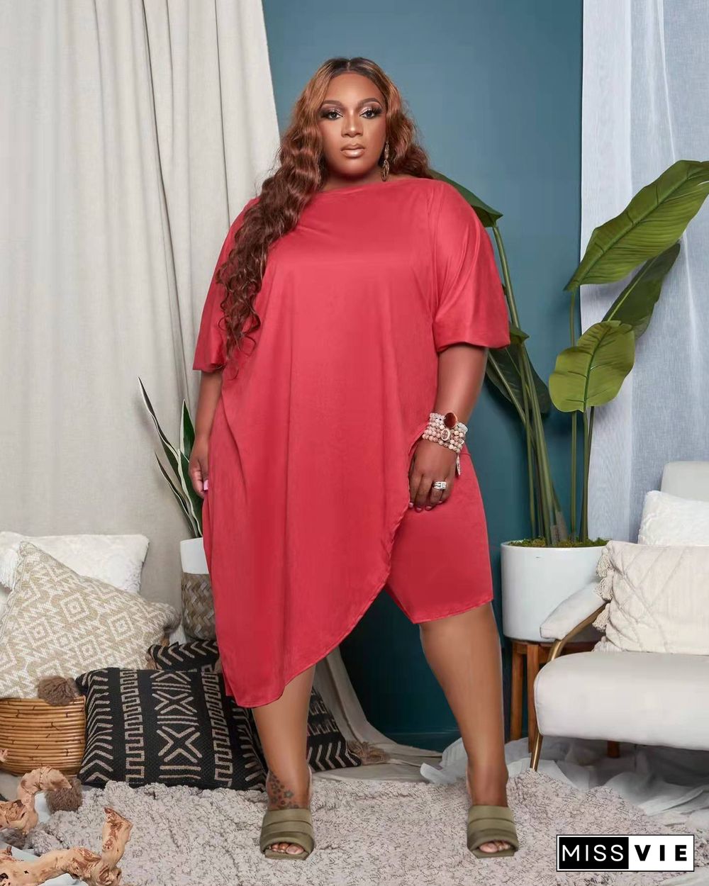 Plus Size Asymmetric X-long Top Pants Outfit