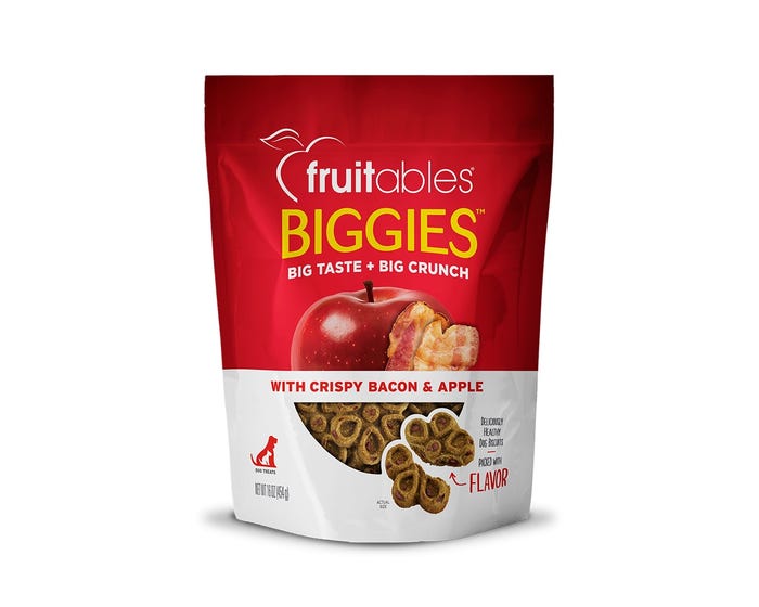 Fruitables Biggies Dog Treats， Crispy Bacon  Apple， 16 oz. Bag