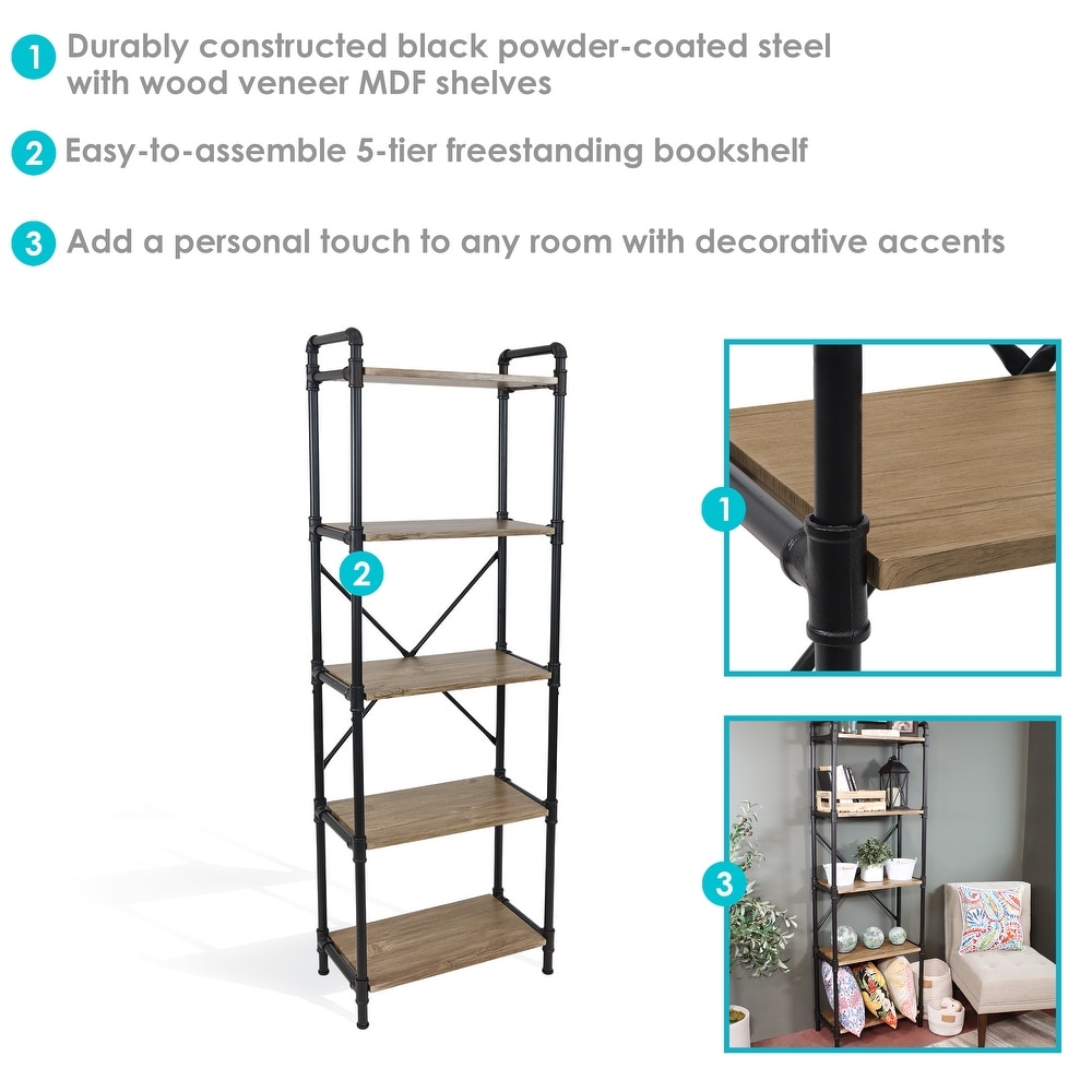 5 Tier Black Pipe Bookshelf with Wood Veneer Shelves