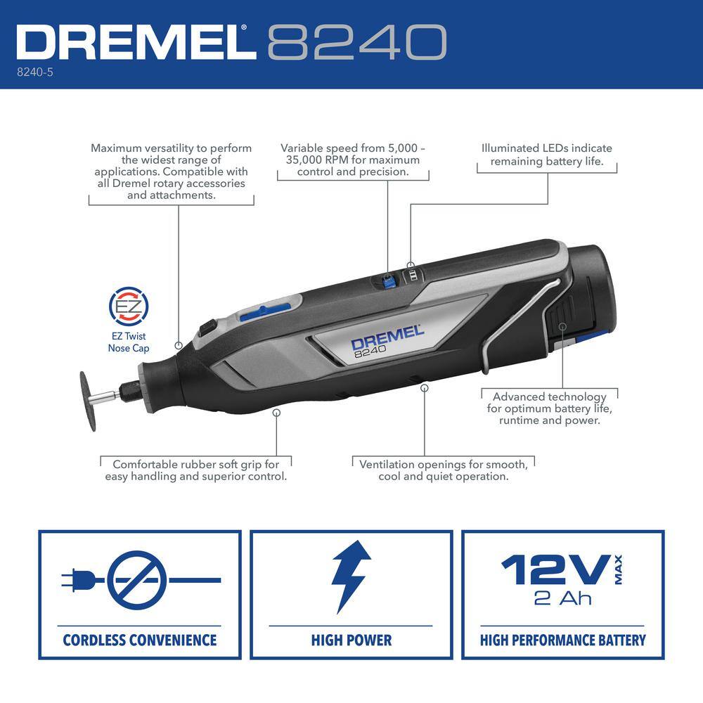 Dremel 12V Li-Ion 2-Amp Variable Speed Cordless Rotary Tool Kit with 2Ah Battery 1 Charger 5 Accessories and Storage Bag 8240-5