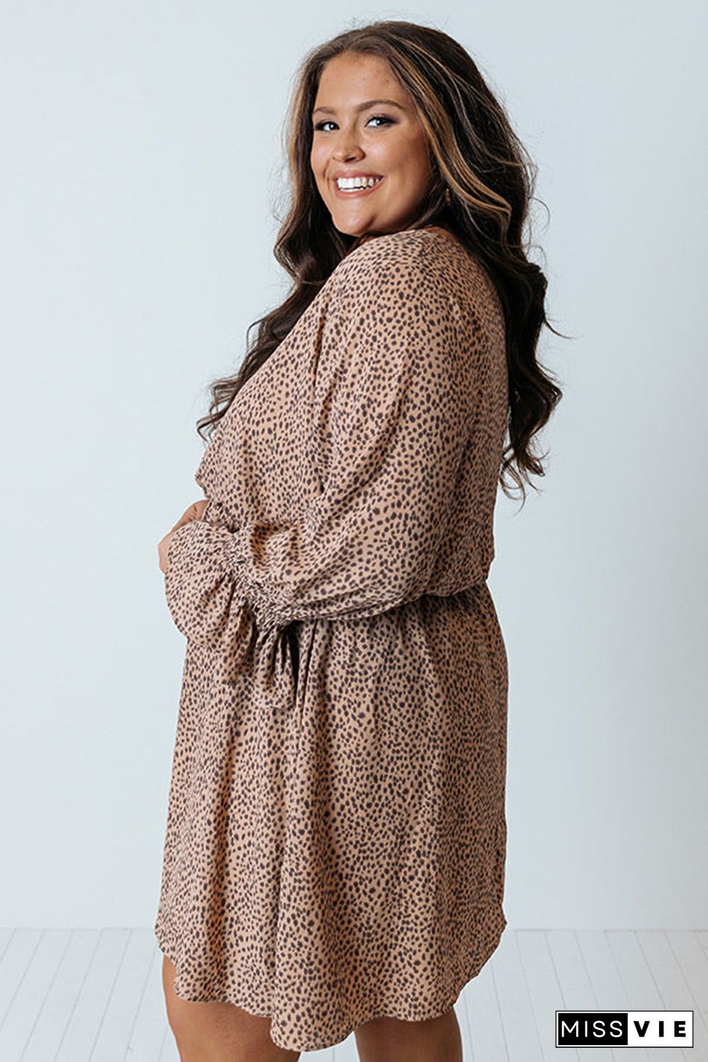 Khaki Plus Size Ruffled Long Sleeve Animal Spotted Print Dress