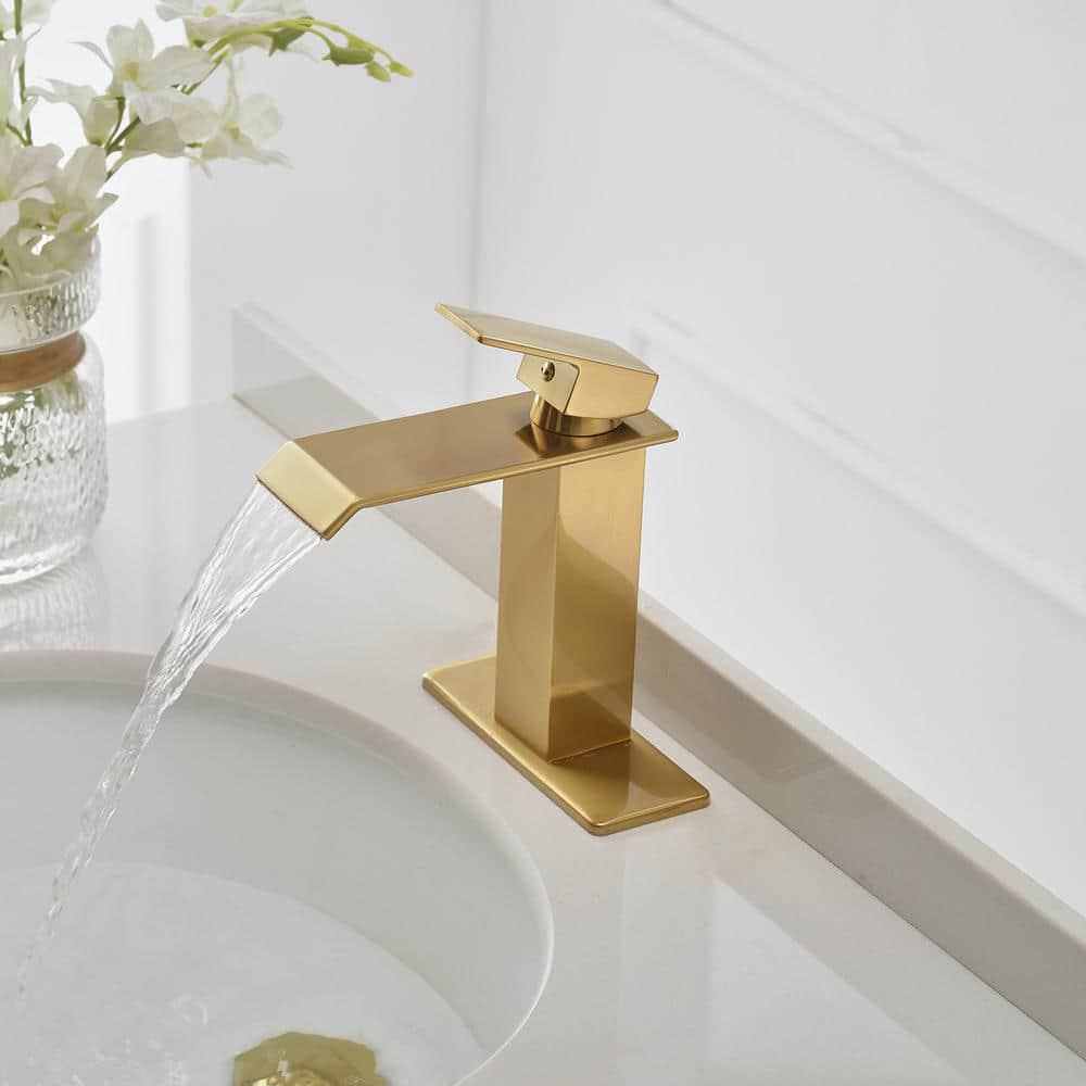 BWE Waterfall Single Hole SingleHandle LowArc Bathroom Faucet With Popup Drain Assembly in Brushed Gold