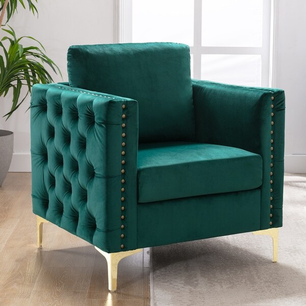 Vintage Glamour Style Diamond Tufted Pattern Accent Chair Club Chair with Gold legs and Nailhead Trim for Living Room Bedroom