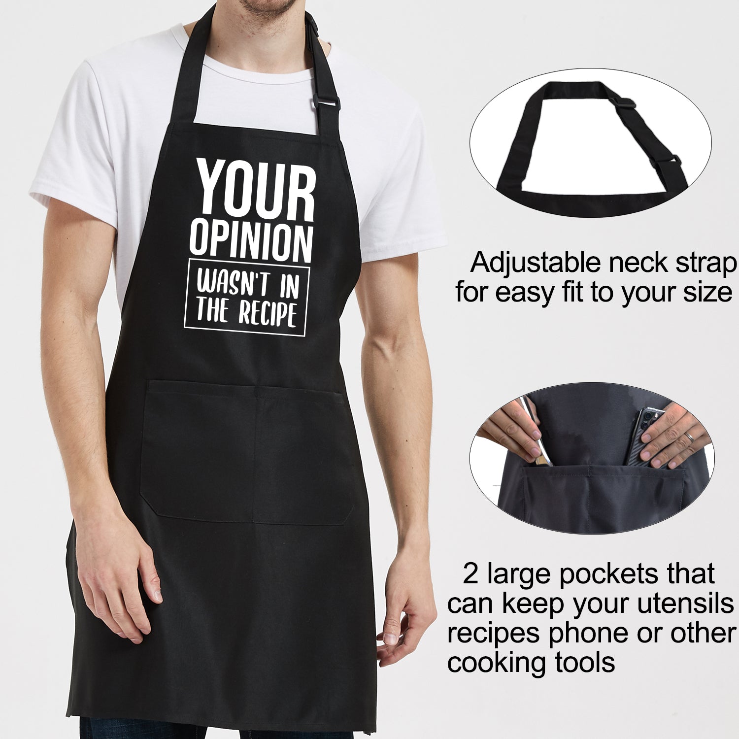 Funny Cooking Aprons for Men Women with Pockets， Your Opinion Wasn't in the Recipe Apron， Chef Kitchen Grilling Apron for Dad Mom Husband Wife， Grill Gifts for Birthday