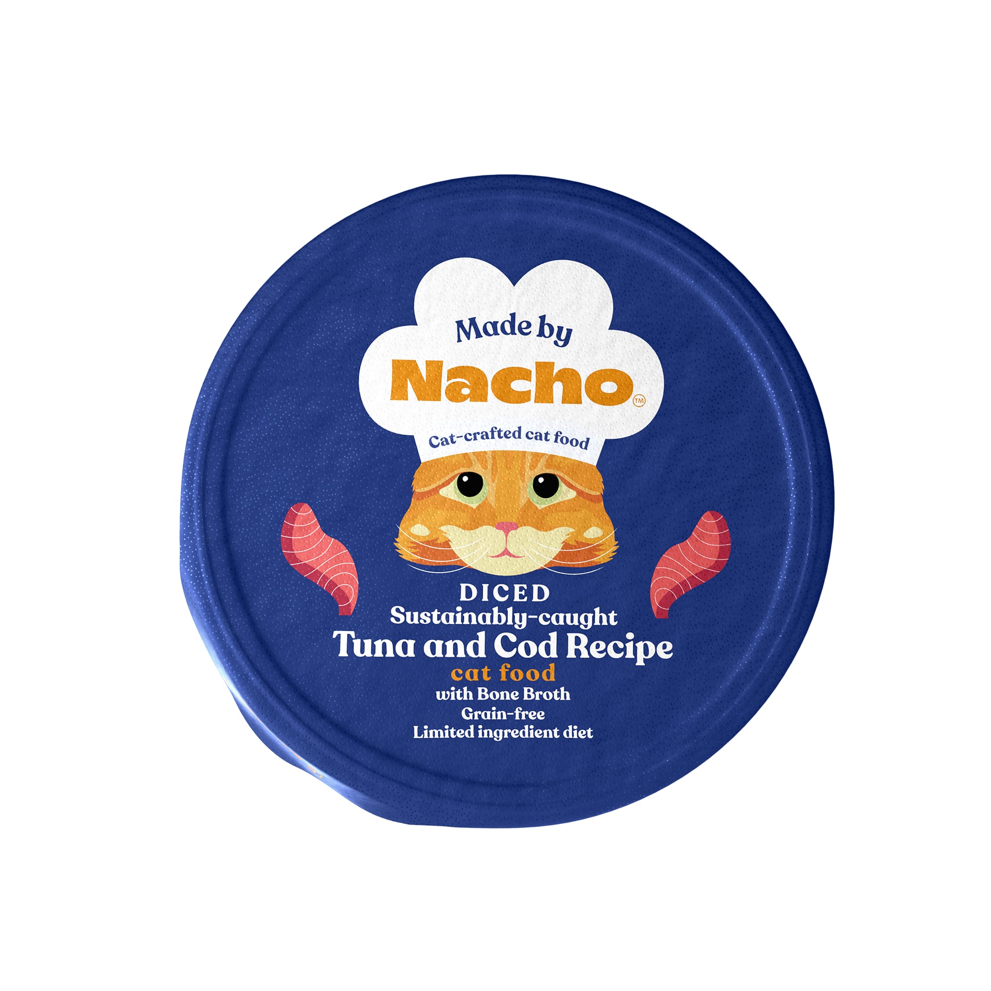 MADE BY NACHO Grain-Free Sustainably Caught Diced Tuna amp; Cod Recipe with Bone Broth Cat Food， 2.5 oz.