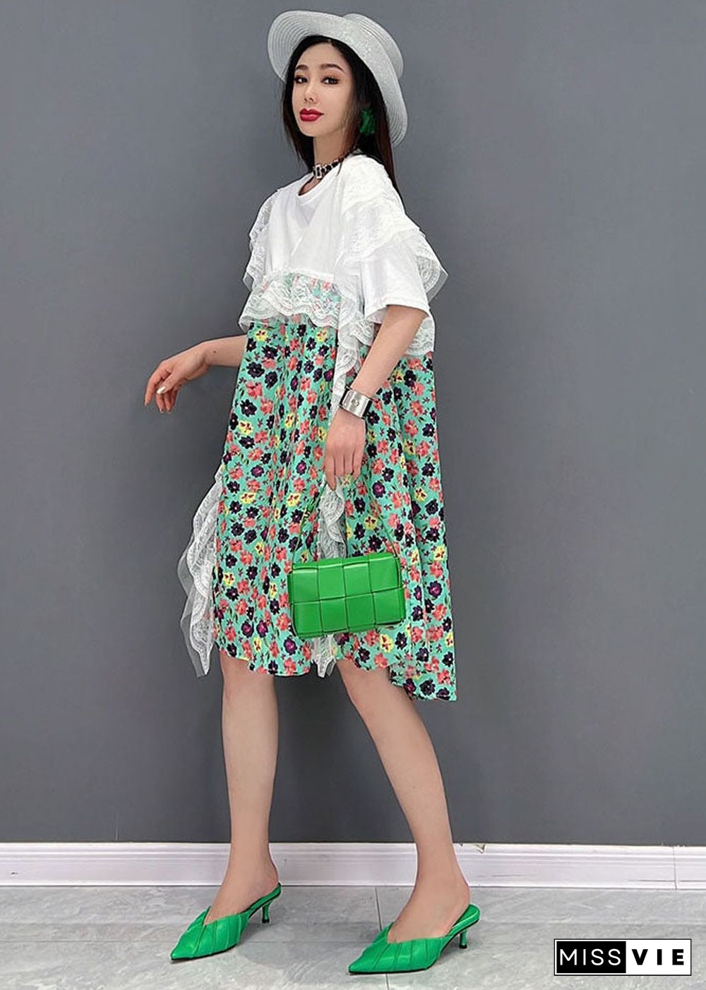 Green Print Lace Patchwork Party Dress O-Neck Short Sleeve