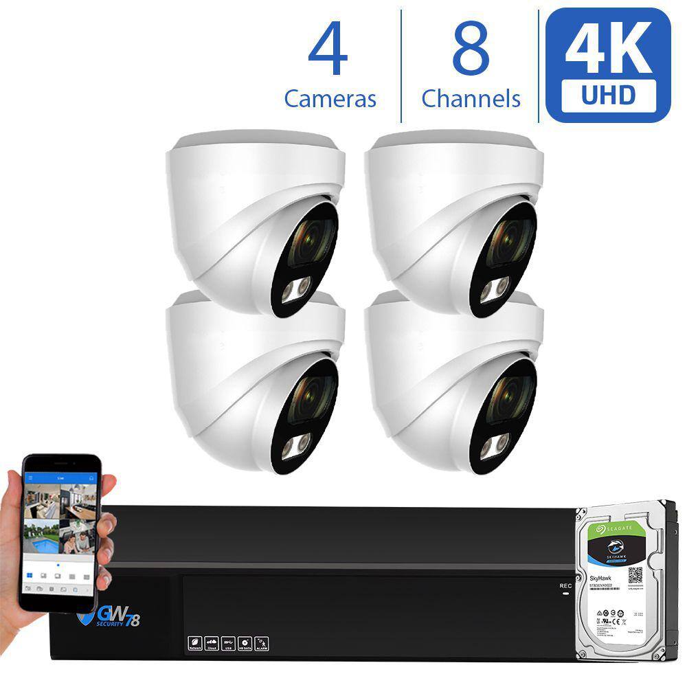 GW Security 8-Channel HD-Coaxial 8MP Surveillance Security Cameras System 1TB with 4 Wired 4K 4-in-1 Analog 2.8 mm Fixed Lens Turret GW977HD4-1T