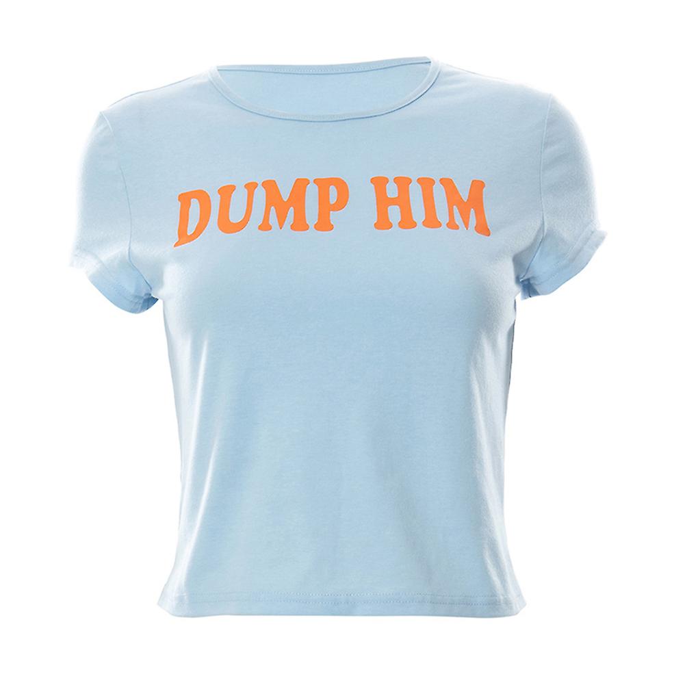 Blue S Dump Him Summer New Solid Letter Print Round Neck Pullover Short Sleeve Open Umbilical Casual Top