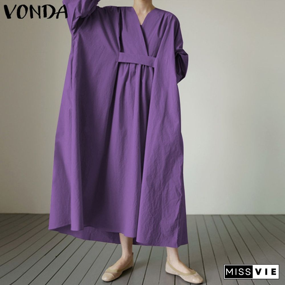 VONDA Casual Black Oversized Maxi Dress Loose Solid Color Autumn Fashion Women's Kaftan Dress