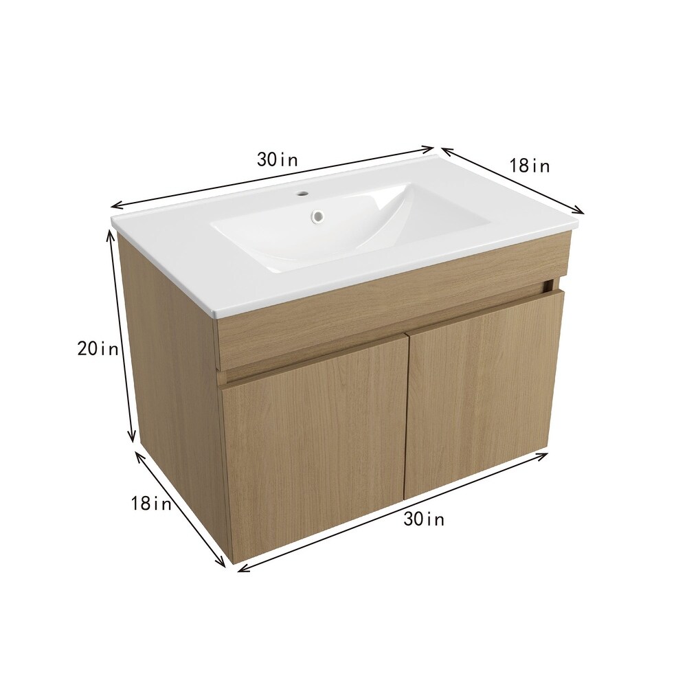 Plywood Wall Mounted Bathroom Vanity Set in Light Oak with Integrated Ceramic Sink