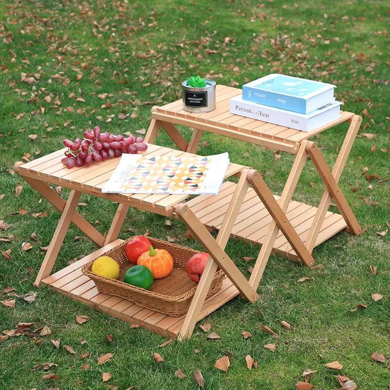 Outdoor Simple Solid Wood Folding Multi Layer Shelf Camping Table