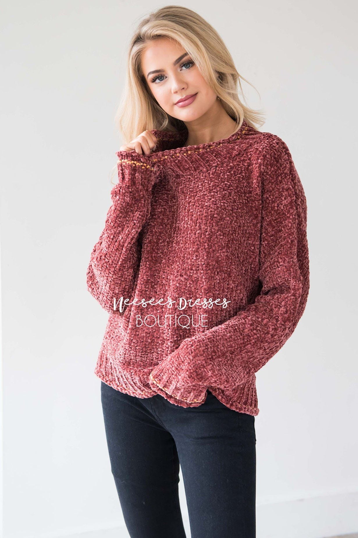 Soft Chenille Contrast Stitch Knit Sweater