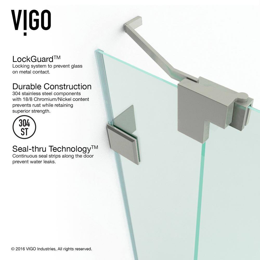 VIGO Pirouette 54 to 60 in. W x 72 in. H Pivot Frameless Shower Door in Brushed Nickel with 38 in. (10mm) Clear Glass VG6042BNCL60