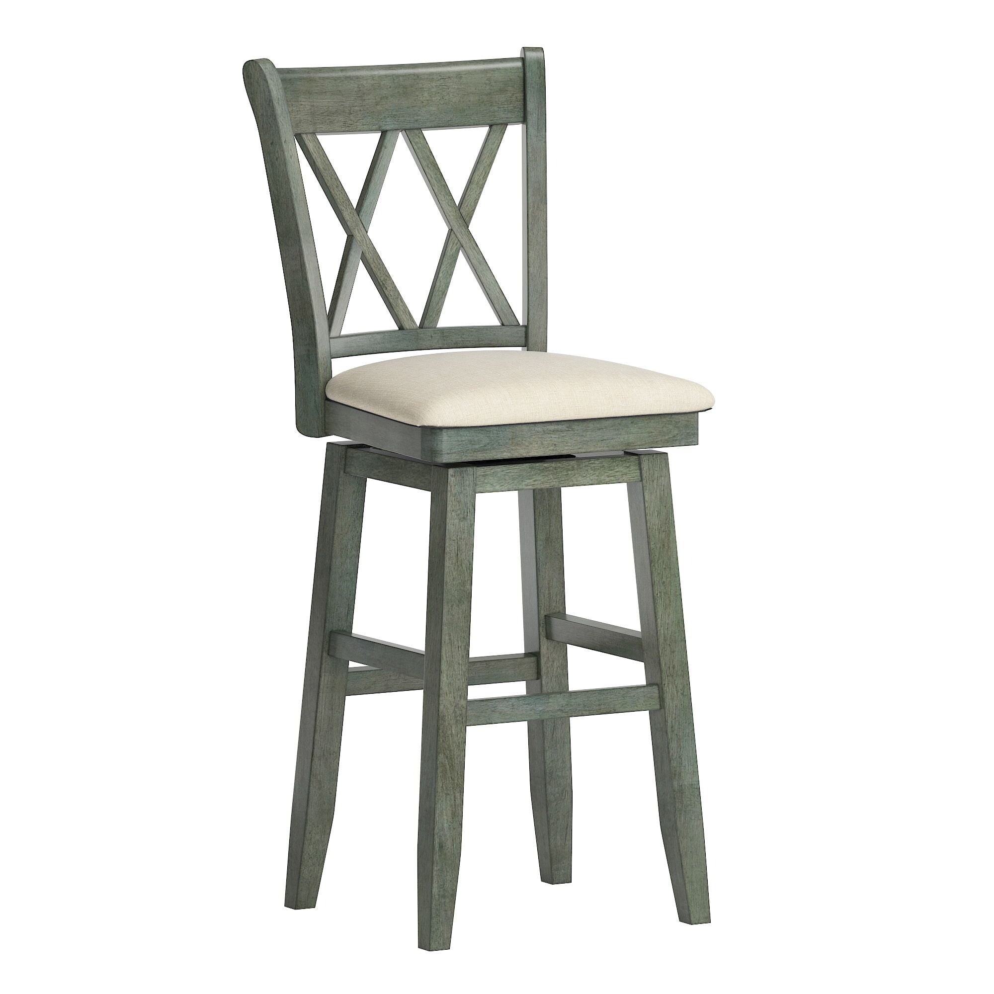 Sheena Double X Back Bar Height Wood Swivel Stool， Antique Sage