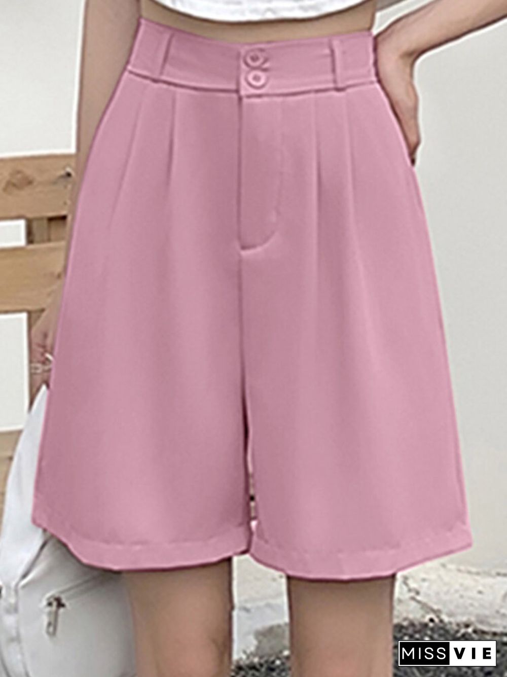 Women Casual Solid Pocket Pleated Wide Leg Shorts