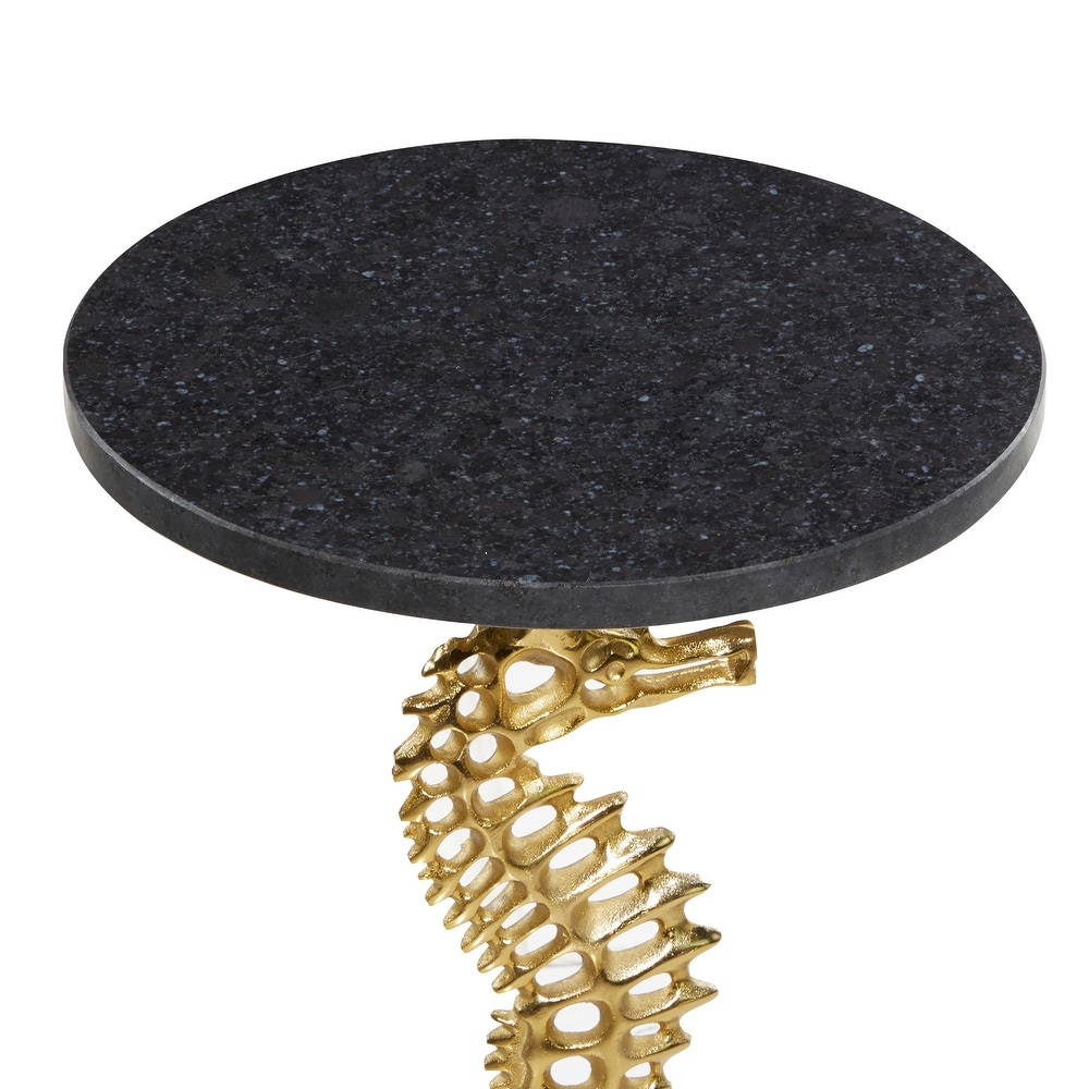 Gold Aluminum Sea Horse Accent Table with Black Marble Table Top   13 x 13 x 25Round