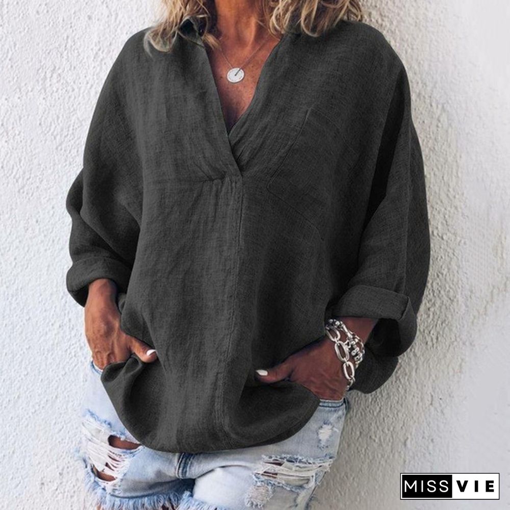 XS-8XL Spring Summer Clothes Plus Size Tops Fashion Women's Tunics Deep V-neck Shirts Ladies Long Sleeve Pullover Loose T-shirts Solid Color Linen Blouses