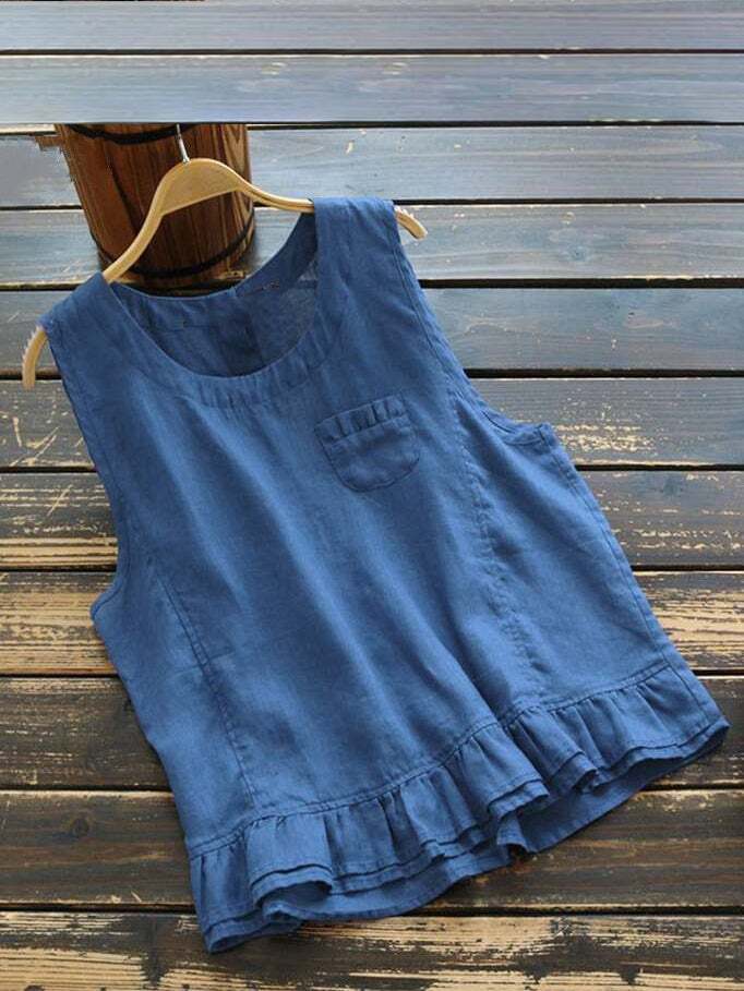 Women's Loose Sleeveless Pleated Hem Solid Color Linen Top