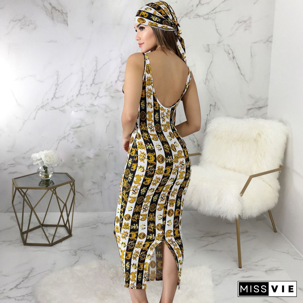 Fashion Women Clothing Digital Print Sleeveless Elegant Spaghetti Straps Backless Skinny Long Dress