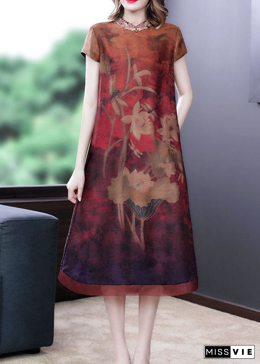 Fitted Red Print Stand Collar Silk Dresses Short Sleeve