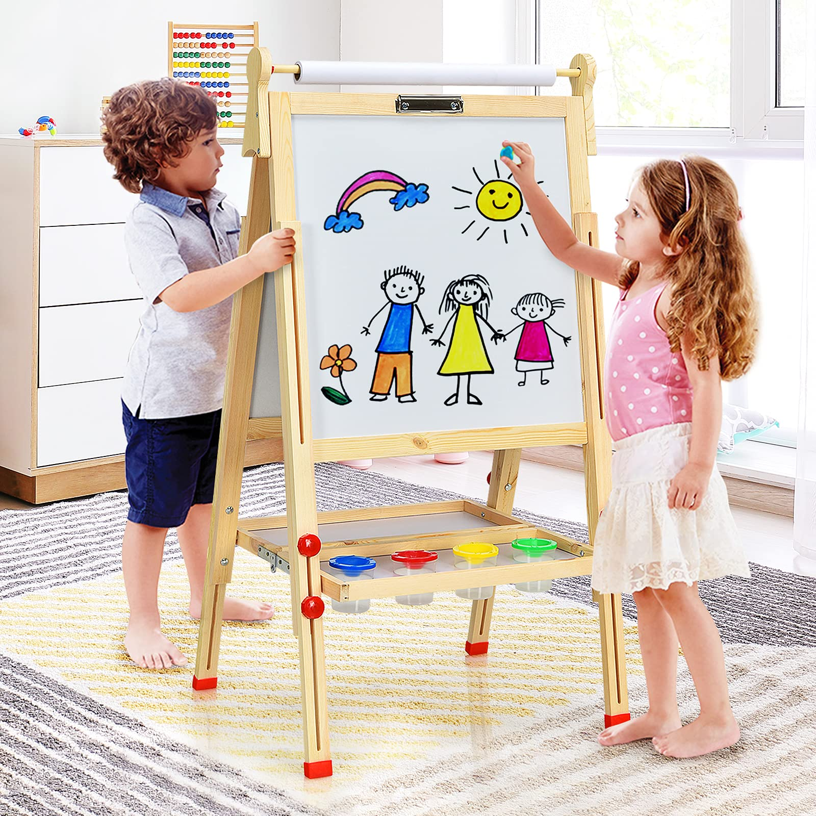 Costzon Kids Art Easel, Wooden Double-Sided Chalkboard Whiteboard w/Paper Roll (Nature)