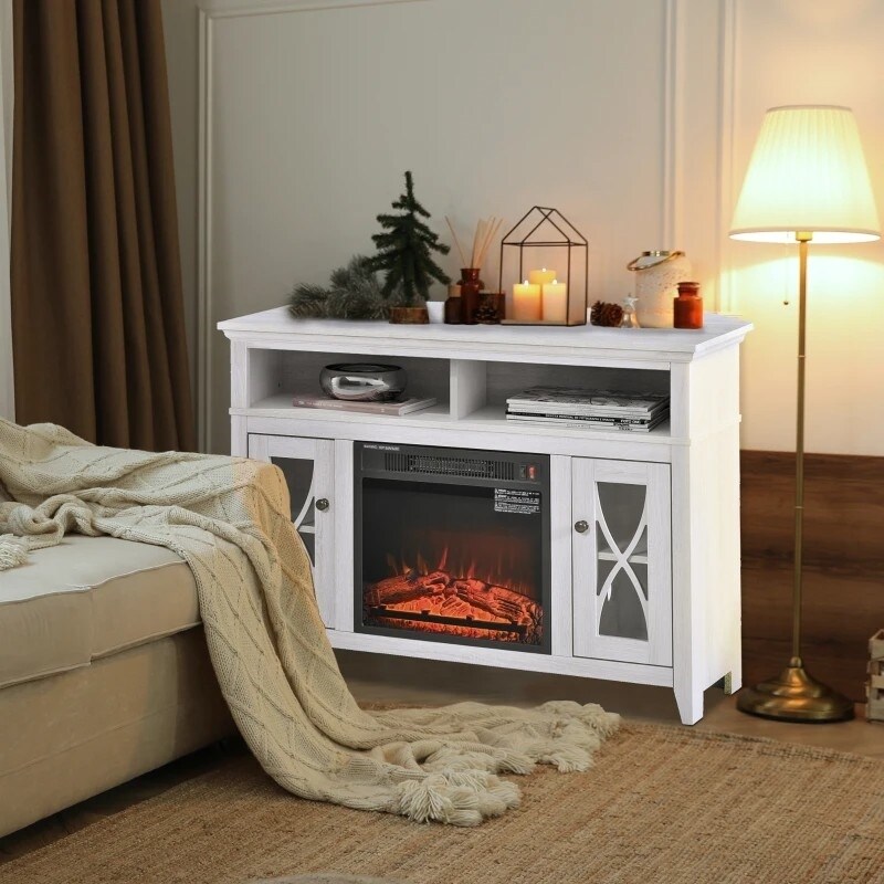 Electric Fireplace Mantel TV Stand w/ Adjustable Shelves 2 Storage Cabinets   44 inches L x 20.25 inches W x 32 inches H