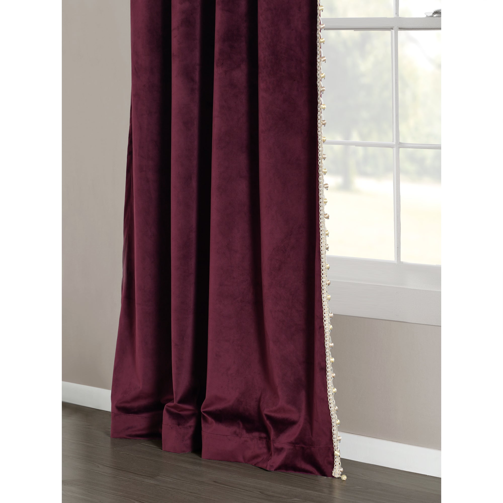 Luxury Vintage Velvet With Silky Pompom Trim Window Curtain Panel