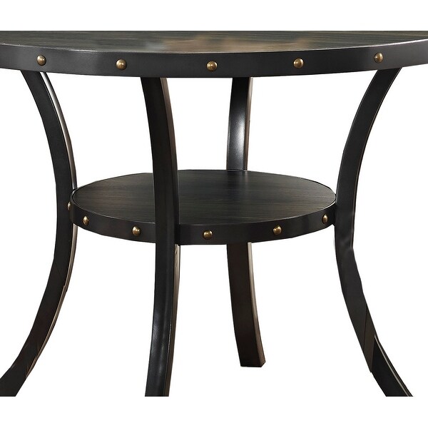 Wooden Round Dining Table with Open Shelf and Nailhead Trims， Black