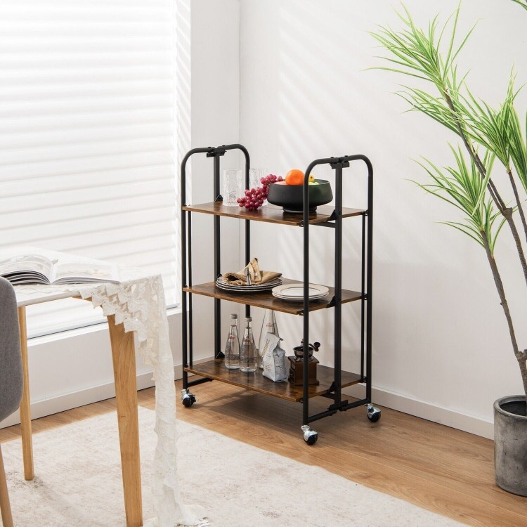 3 tier Plant Stand  Particleboard and Iron Frame Display Stand  Mini Portable Kitchen Serving Cart With Storage Shelves