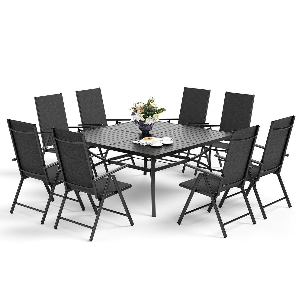 9 Pieces Patio Dining Set  60 Inch Square Metal Table and Sling Dining Chairs Seats Up to 8