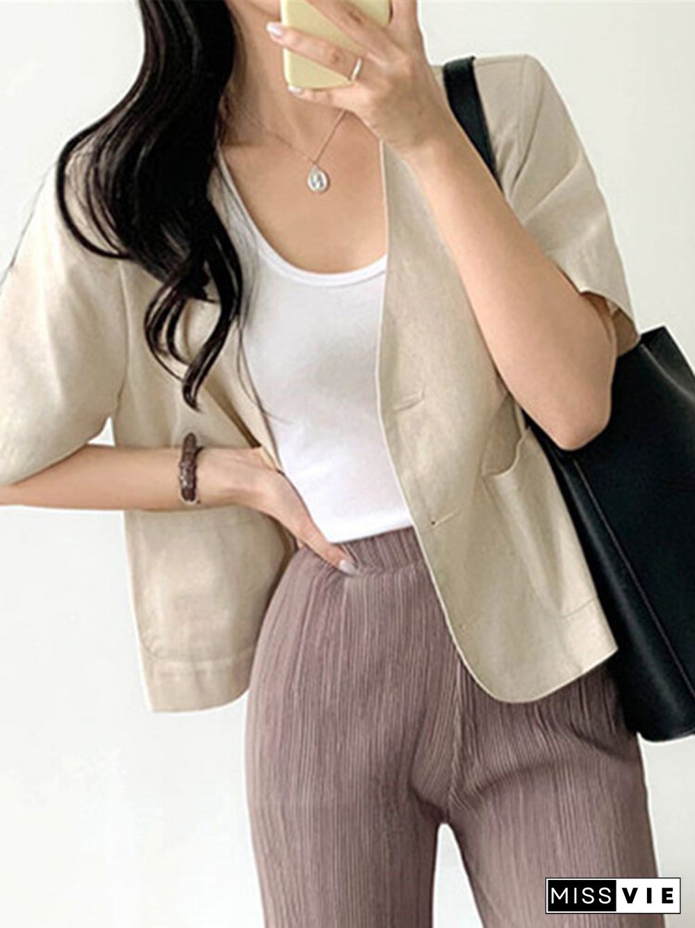 Solid Button Front Pocket Short Sleeve Lapel Blazer