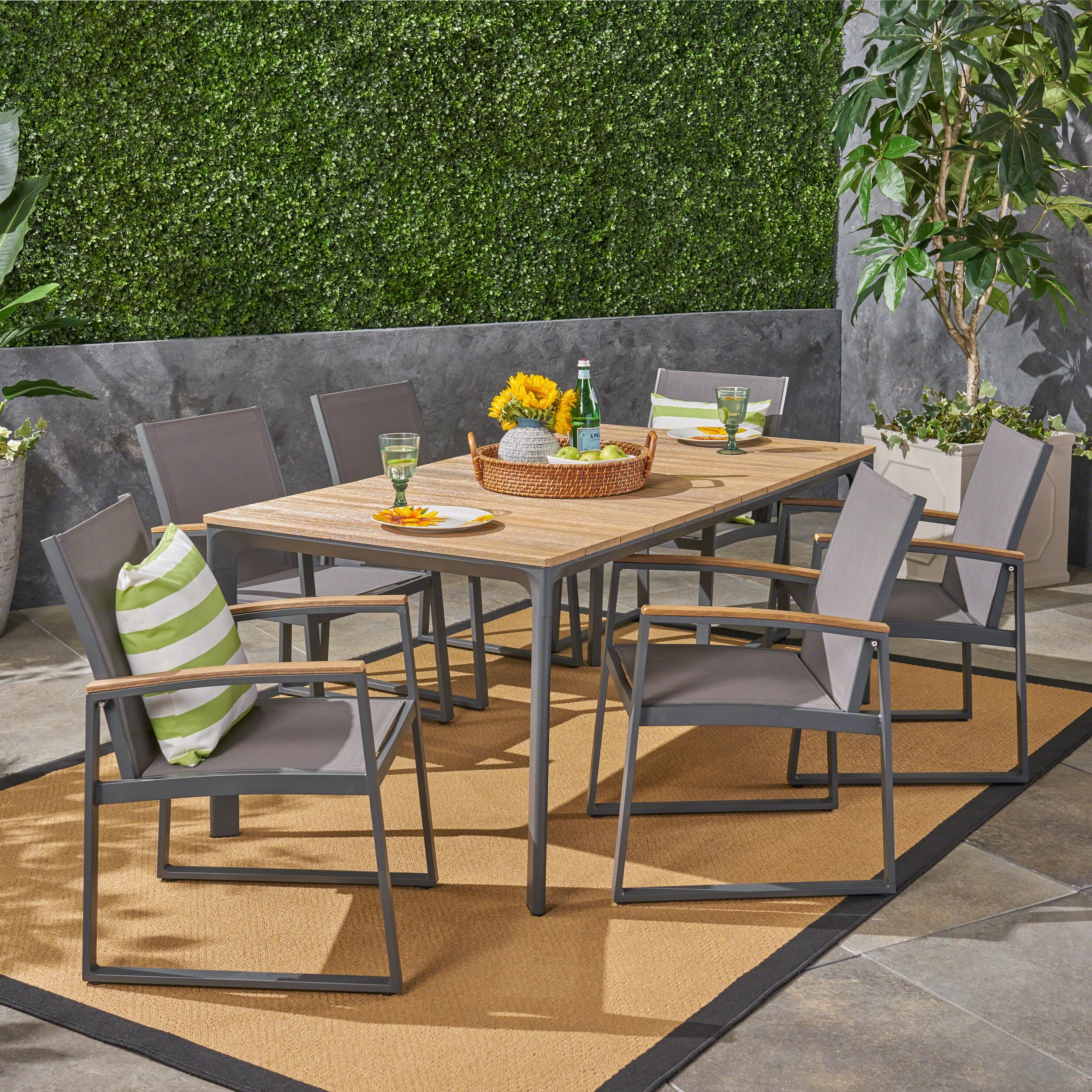 Jace Outdoor 7 Piece Aluminum & Wood Dining Set